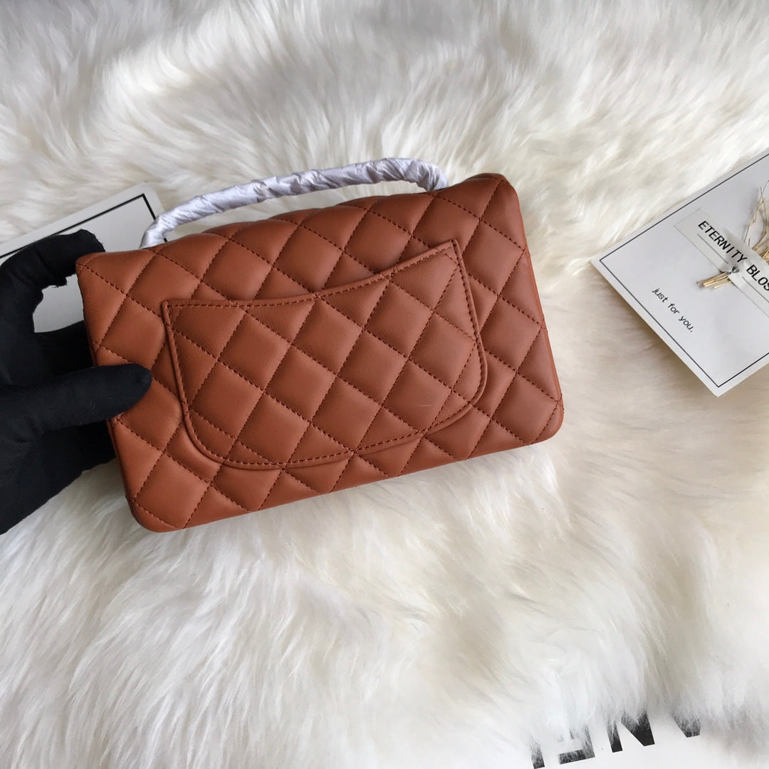 CHANEL 20 CLASSIC SMALL DOUBLE FLAP BAG IN CARAMEL BROWN CALFSKIN