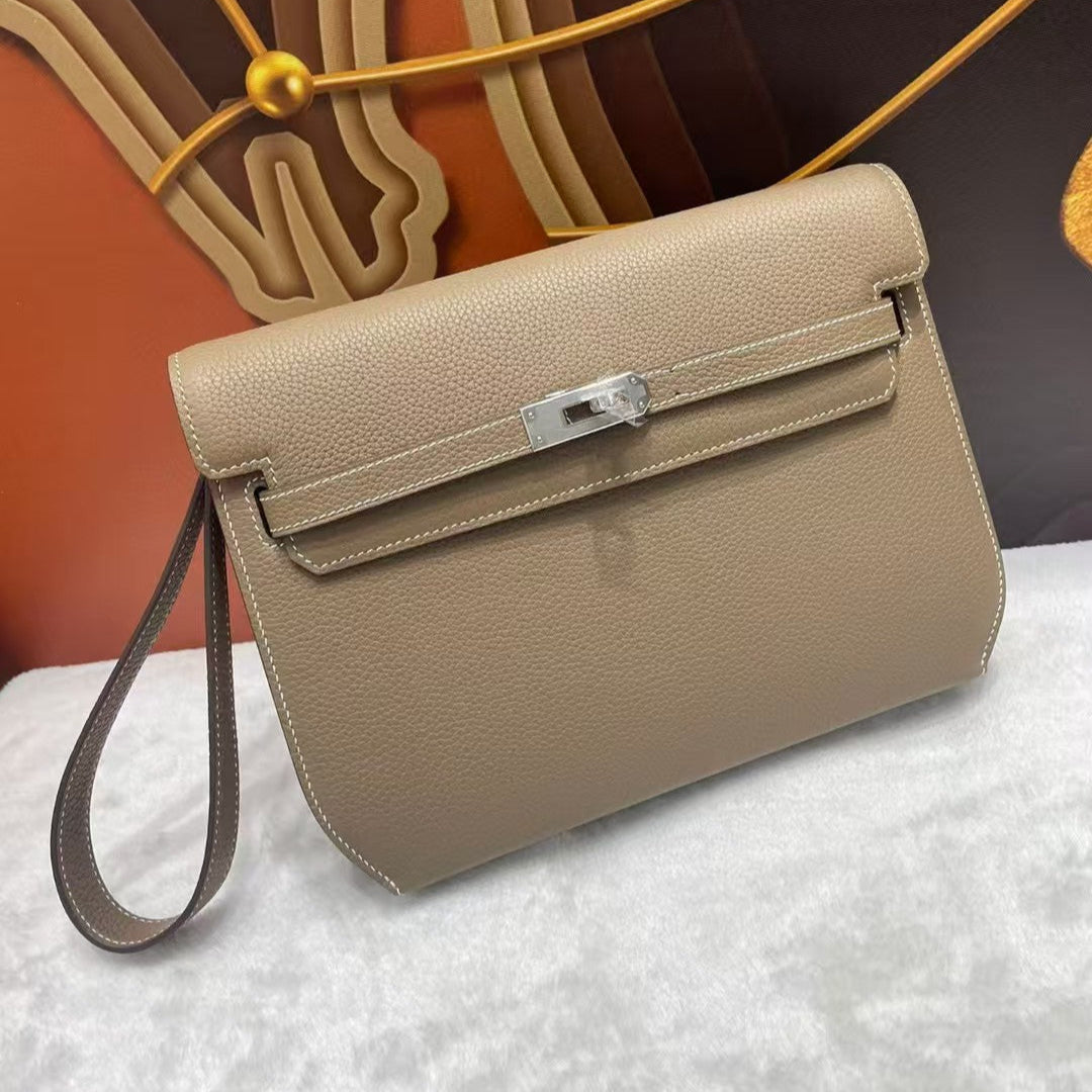 HERMES KELLY POCHETTE BAG 25 IN BROWN EPSOM LEATHER WITH PALLADIUM HARDWARE