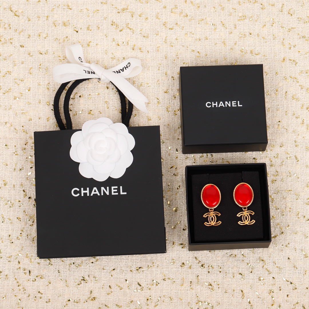 18K  Chanel Red Crystal Pendant Earrings