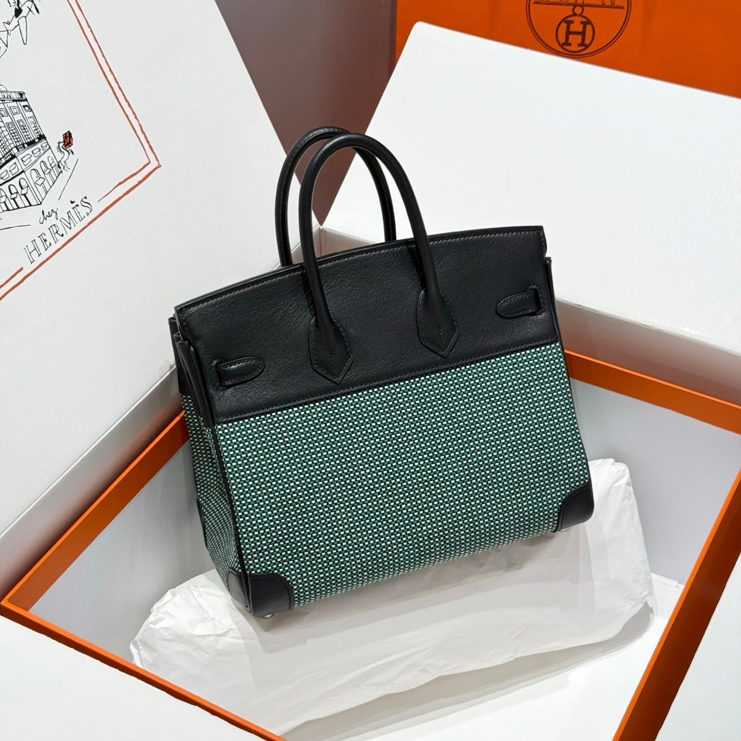 HERMES QUADRILLE BIRKIN 25CM IN BLACK SWIFT CALFSKIN BLACK/MINT/BLANC TOILE CANVAS