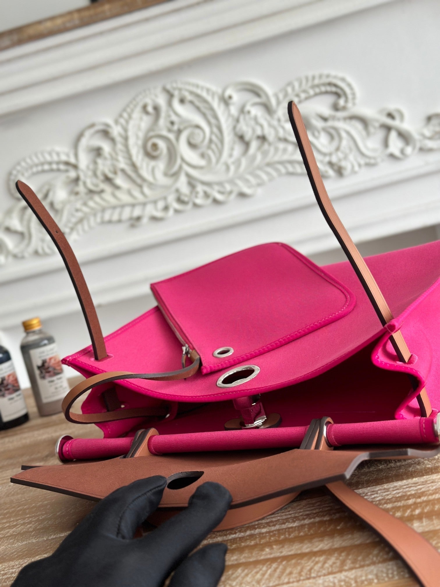HERMES ZIP CABINE 31 BAG IN FUCHSIA PINK CANVAS AND BRONZE BROWN CALFSKIN