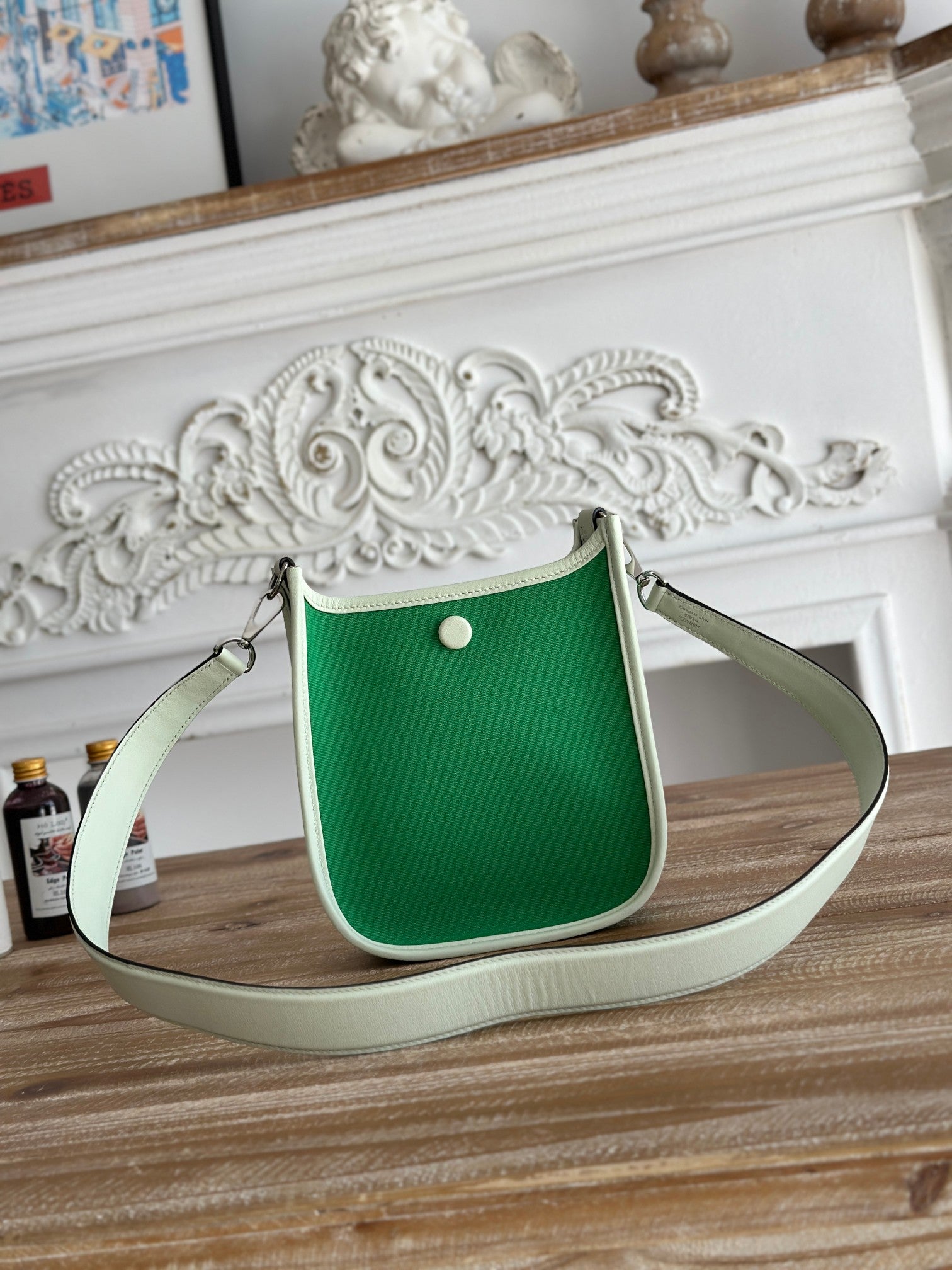 HERMES MINI NEO 17 EVELYNE BAG IN EMERALD GREEN CANVAS AND WHITE CALFSKIN
